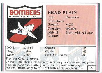 1992 AFL Regina #127 Brad Plain Back